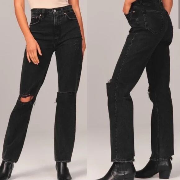 Abercrombie & Fitch Black The 90s Straight Jeans Ultra High Rise Distressed 27/4 - Picture 1 of 11